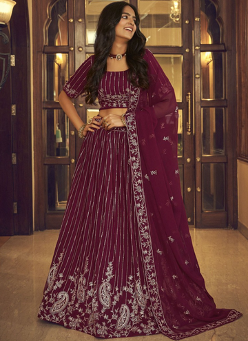 Seductive Faux Georgette Wine Viscose Thread Work Lehenga Choli
